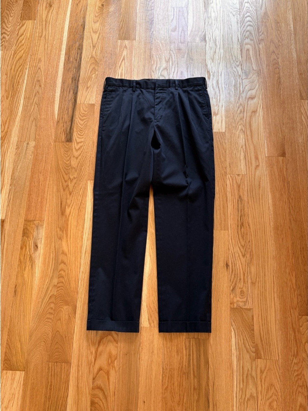 Lands’ End Pleated Dark Navy Blue Cotton Chino Pants Trousers Tailored Fit 36x32